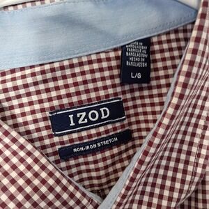Mens Large IZod Long Sleeve‎ Red Maroon Check Patterned Button Down Dress Shirt